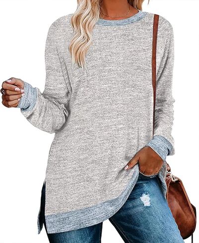 WELINCO Womens Crewneck Pullovers Color Block Long Sleeve Side Split Tunic Tops in Saudi Arabia