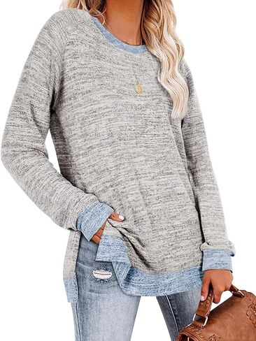 WELINCO Womens Crewneck Pullovers Color Block Long Sleeve Side Split Tunic Tops in Saudi Arabia