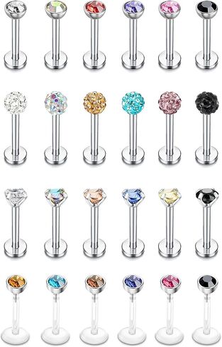 Suprsparkle 24 Pcs 16G Hypoallergenic Stainless Steel Labret Lip Monroe Medusa Stud Piercing For Women Men 3mm Cubic Zirconia Forward Helix Earrings Cartilage Tragus Piercing 6mm 8mm in Kuwait