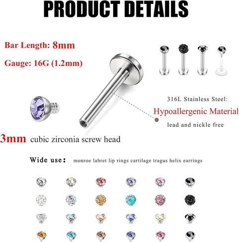 Suprsparkle 24 Pcs 16G Hypoallergenic Stainless Steel Labret Lip Monroe Medusa Stud Piercing For Women Men 3mm Cubic Zirconia Forward Helix Earrings Cartilage Tragus Piercing 6mm 8mm in Kuwait
