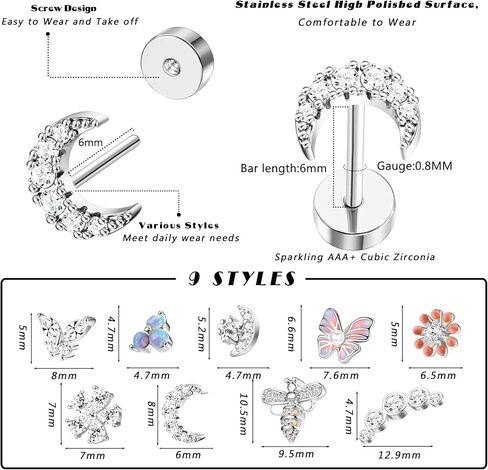 FASACCO 9 قطع أقراط الغضروف للنساء من الفولاذ الجراحي أقراط مسطحة الظهر أوبال فراشة زهرة تشيكوسلوفاكيا أقراط الغضروف الزنمة اللولب ثقب المجوهرات in Kuwait