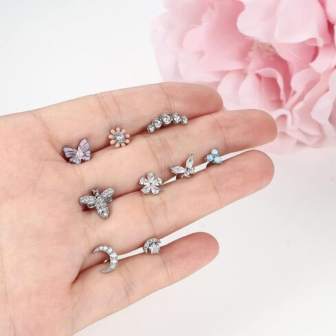 FASACCO 9 قطع أقراط الغضروف للنساء من الفولاذ الجراحي أقراط مسطحة الظهر أوبال فراشة زهرة تشيكوسلوفاكيا أقراط الغضروف الزنمة اللولب ثقب المجوهرات in Kuwait