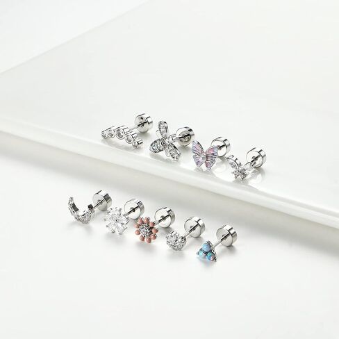 FASACCO 9 قطع أقراط الغضروف للنساء من الفولاذ الجراحي أقراط مسطحة الظهر أوبال فراشة زهرة تشيكوسلوفاكيا أقراط الغضروف الزنمة اللولب ثقب المجوهرات in Kuwait