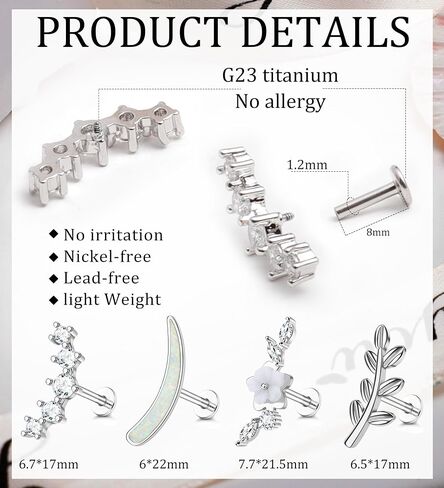 MJust G23 Titanium Cartilage Earrings for Women 16G Pure Titanium Flat Back Stud for Sensitive Ear Cartilage Opal CZ Stud Earrings Internally Threaded Conch Helix Tragus Piercing Jewelry in Kuwait