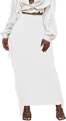 Lrady Women's Elastic Waist Slim Bodycon Side Tassels Long Maxi Pencil Skirts in Kuwait