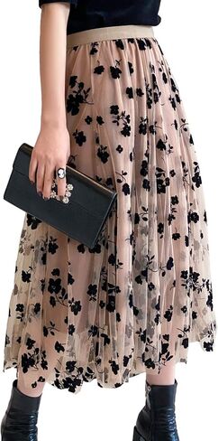 Women Tutu Tulle Skirt Elastic High Waist Layered Skirt Floral Print Mesh A-Line Midi Skirt in Kuwait