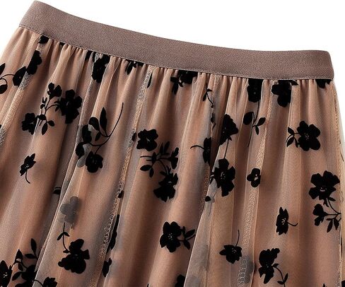 Women Tutu Tulle Skirt Elastic High Waist Layered Skirt Floral Print Mesh A-Line Midi Skirt in Kuwait