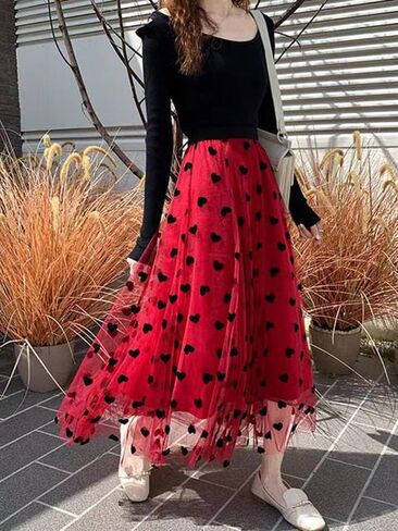 Women Tutu Tulle Skirt Elastic High Waist Layered Skirt Floral Print Mesh A-Line Midi Skirt in Kuwait