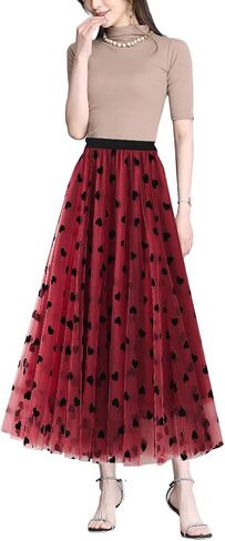 Women Tutu Tulle Skirt Elastic High Waist Layered Skirt Floral Print Mesh A-Line Midi Skirt in Kuwait