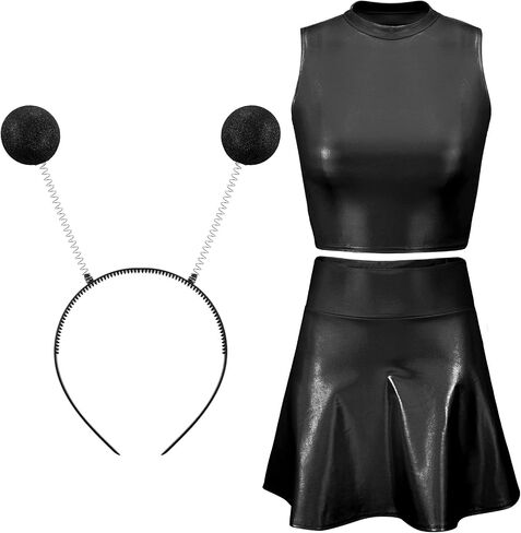 Metallic Top Sleeveless Crop Tank Top Pleated Skirt with Headband for Raves Alien Costume Halloween Cosplay in Kuwait