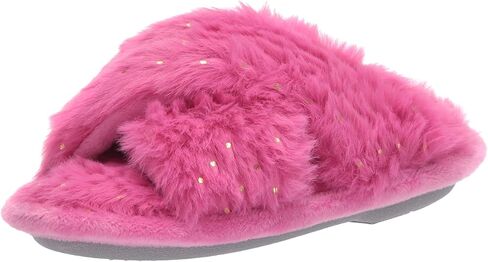Dearfoams Unisex-Child Ava Kids Printed Detail faux faux fur Cross Band Slide Slipper in Kuwait