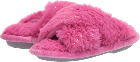 Dearfoams Unisex-Child Ava Kids Printed Detail faux faux fur Cross Band Slide Slipper in Kuwait