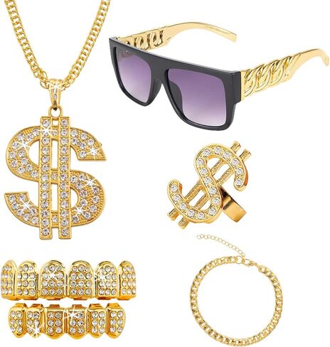 FINZOR 5Pcs Hip Hop Costume Kit Gold Rapper Sunglasses Gold Grillz Gold Dollar Sign Pendant Necklaces Ring 80s/90s Rapper Accessories in Saudi Arabia