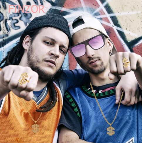 FINZOR 5Pcs Hip Hop Costume Kit Gold Rapper Sunglasses Gold Grillz Gold Dollar Sign Pendant Necklaces Ring 80s/90s Rapper Accessories in Saudi Arabia