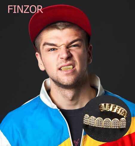 FINZOR 5Pcs Hip Hop Costume Kit Gold Rapper Sunglasses Gold Grillz Gold Dollar Sign Pendant Necklaces Ring 80s/90s Rapper Accessories in Saudi Arabia