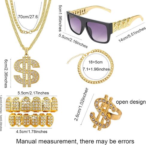 FINZOR 5Pcs Hip Hop Costume Kit Gold Rapper Sunglasses Gold Grillz Gold Dollar Sign Pendant Necklaces Ring 80s/90s Rapper Accessories in Saudi Arabia