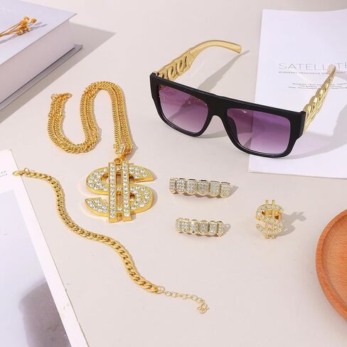 FINZOR 5Pcs Hip Hop Costume Kit Gold Rapper Sunglasses Gold Grillz Gold Dollar Sign Pendant Necklaces Ring 80s/90s Rapper Accessories in Saudi Arabia