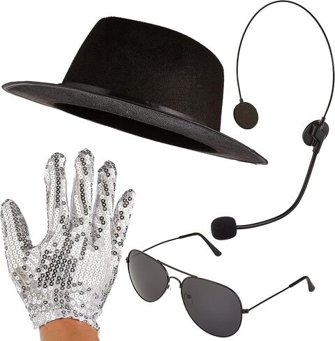 Pop Star Halloween Costume Accessory Kit with Sequin Glove, Fedora Hat, Aviator Sunglasses, Headset Microphone Prop 80s/90s Pop Singer, MJ Dance Cosplay Set, Dress Up, Roleplay, and Photo Booth Prop in Saudi Arabia