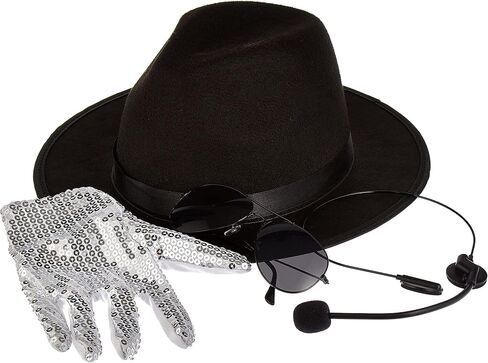 Pop Star Halloween Costume Accessory Kit with Sequin Glove, Fedora Hat, Aviator Sunglasses, Headset Microphone Prop 80s/90s Pop Singer, MJ Dance Cosplay Set, Dress Up, Roleplay, and Photo Booth Prop in Saudi Arabia