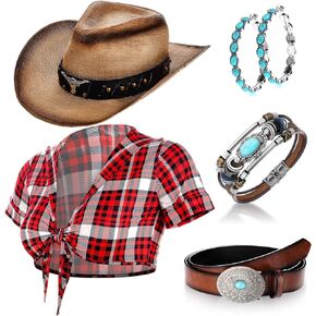 Hicarer 5 Pcs Cowgirl Costume Women Roleplay Set T Shirt Cowboy Hat Buckle Belt Pendant Earrings for Halloween in Saudi Arabia