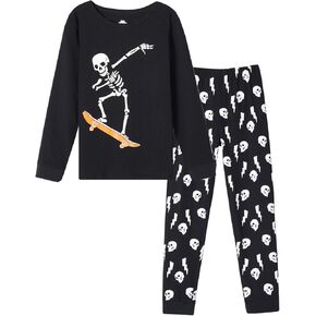 MyFav Boys Pajama Glow in Dark Skull Pjs Cotton Long Sleeve Casual Snug Fit Sleepwear