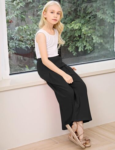 سراويل LIONJIE للفتيات بأرجل واسعة مع جيوب - سراويل مرنة عالية الخصر مستقيمة الساق فضفاضة للأطفال في الهواء الطلق 3-12 سنة in Kuwait