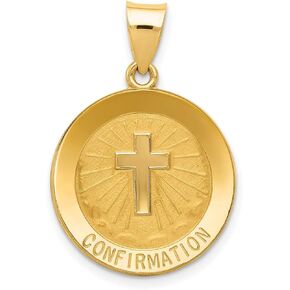 Latin Cross or Dove and Confirmation Word on Round Medal Pendant in Real 14k Yellow Gold in Saudi Arabia