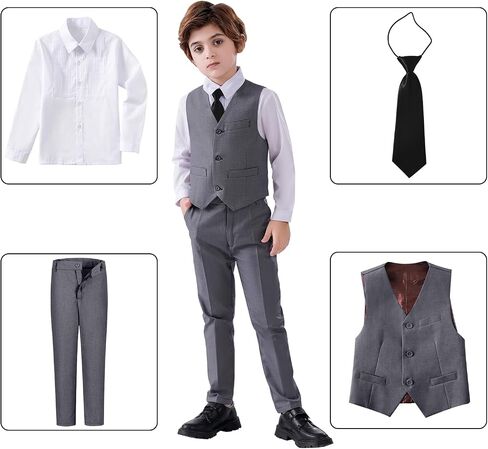 Boys Suits Slim Fit 4 Piece Formal Dresswear Suit for Kids Tuxedo Wedding Set Toddler Boy Dress with Vest Shirt Pants and Tie in Kuwait