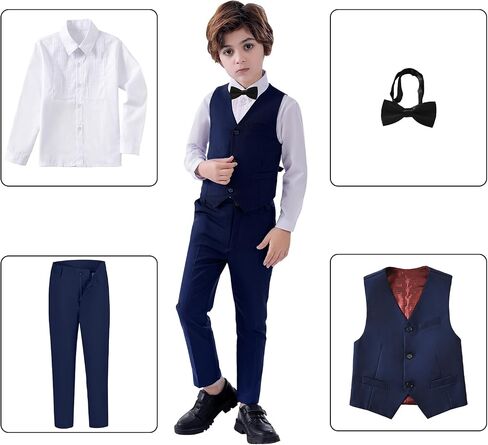 Boys Suits Slim Fit 4 Piece Formal Dresswear Suit for Kids Tuxedo Wedding Set Toddler Boy Dress with Vest Shirt Pants and Tie in Kuwait