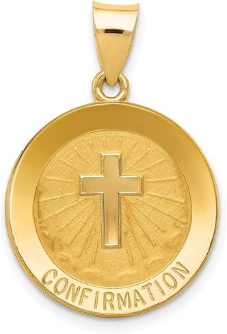 Latin Cross or Dove and Confirmation Word on Round Medal Pendant in Real 14k Yellow Gold in Kuwait