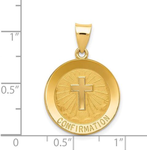 Latin Cross or Dove and Confirmation Word on Round Medal Pendant in Real 14k Yellow Gold in Kuwait