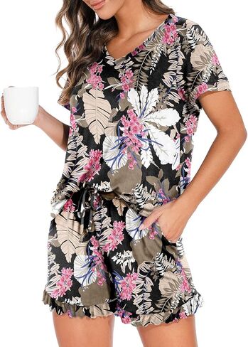 PrinStory Womens Pajamas Set Lounge Sets Short Sleeve Sleepwear Soft Pjs Shorts Set with Pockets in Kuwait