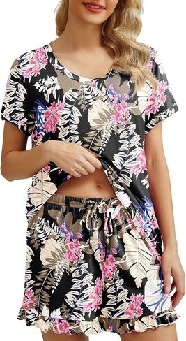 PrinStory Womens Pajamas Set Lounge Sets Short Sleeve Sleepwear Soft Pjs Shorts Set with Pockets in Kuwait