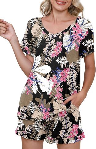 PrinStory Womens Pajamas Set Lounge Sets Short Sleeve Sleepwear Soft Pjs Shorts Set with Pockets in Kuwait