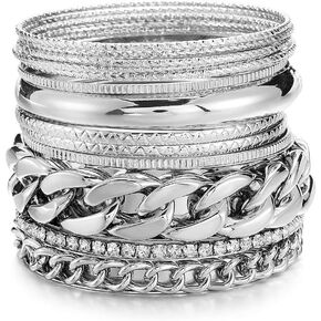 Ensoul Multiple Textured Metal Bracelets & Bangles Set 14Pcs/Set W/Clear Rhinestones