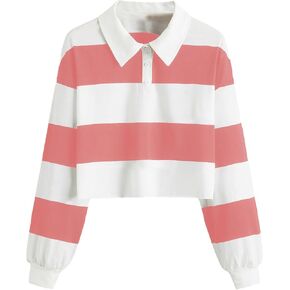 SweatyRocks Women's Long Sleeve T-Shirt Button Front Striped Polo Shirt