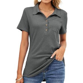 TFSDOD Womens Short Sleeve Polo T Shirts V Neck Business Casual Collared Button Down Tunics Office Work Tops with Pocket