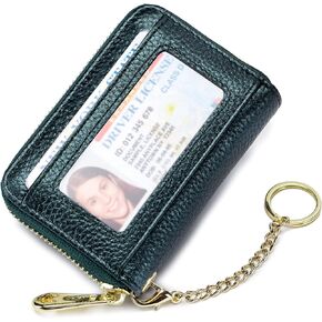 imeetu RFID Credit Card Holder Wallet with Keychain & ID Window Small Leather Zipper Card Case for Women (Horizontal 10 Slots, Aqua)