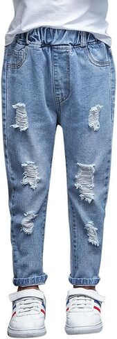 KIDSCOOL SPACE Girls Slim Ripped Holes Pink Sequin Stars Fashion Jeans in Kuwait