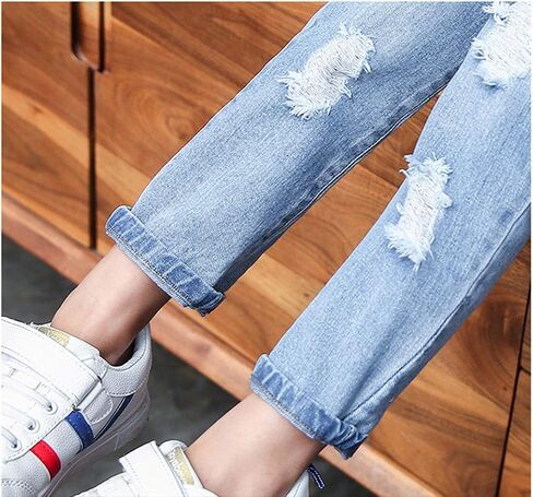 KIDSCOOL SPACE Girls Slim Ripped Holes Pink Sequin Stars Fashion Jeans in Kuwait