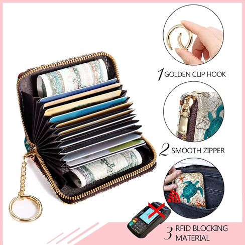 محافظ حامل بطاقات الائتمان Blusabaca RFID للنساء، محفظة بطاقات صغيرة مع سلسلة مفاتيح قابلة للإزالة وسحاب، حامل بطاقات جلدية وجيب سلحفاة البحر ومحفظة بطاقة عمل الأكورديون in Kuwait