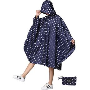 Womens Rain Poncho Stylish Polyester Waterproof Raincoat Free Size with Hood Zipper Various Colors Styles