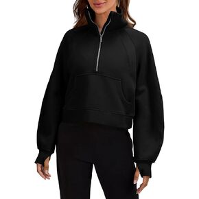 Womens Sweatshirts Half Zipper Crop Pullover Funnel Neck Fleece Lined Zip Up Long Sleeve Tops Thumb Hole