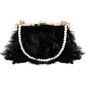 Amylove Evening Purse with Pearl Gold Chain Faux Fur Purse Fake Feather Clutch Fluffy Purse Women's Evening Handbags in Kuwait
