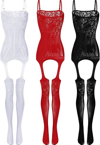 LOVELYBOBO 2 Pack Womens One Size Fishnet Bodystockings Striped Lingerie Crotchless Bodysuits Tights Suspenders Black in Saudi Arabia