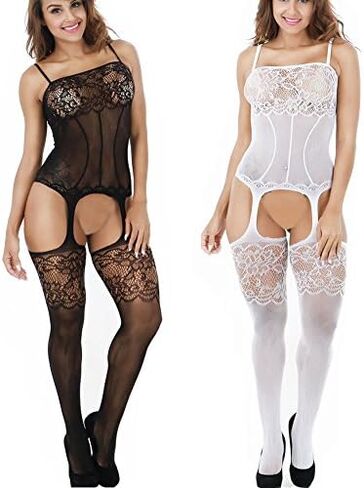 LOVELYBOBO 2 Pack Womens One Size Fishnet Bodystockings Striped Lingerie Crotchless Bodysuits Tights Suspenders Black in Saudi Arabia