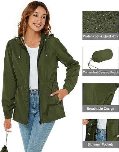 معطف مطر نسائي من Avoogue مقاوم للماء وخفيف الوزن وقابل للتعبئة ومعطف مطر بغطاء للرأس للاستخدام في الهواء الطلق وجيب نشط in Kuwait