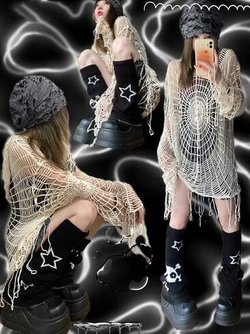 QXFQJT النساء الفتيات تدفئة الساق Y2k ستار الجمجمة Harajuku Gyaru اليابانية القوطي تدفئة الساق متماسكة مخطط طويل الساق غطاء in Kuwait