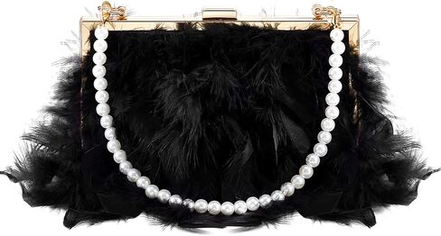 Amylove Evening Purse with Pearl Gold Chain Faux Fur Purse Fake Feather Clutch Fluffy Purse Women's Evening Handbags in Kuwait
