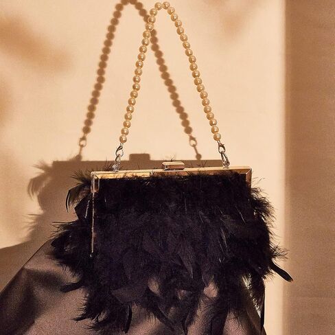 Amylove Evening Purse with Pearl Gold Chain Faux Fur Purse Fake Feather Clutch Fluffy Purse Women's Evening Handbags in Kuwait